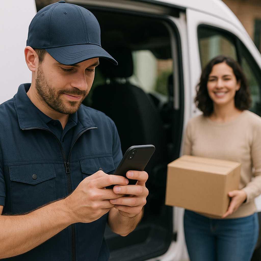 A delivery driver using a mobile device to capture